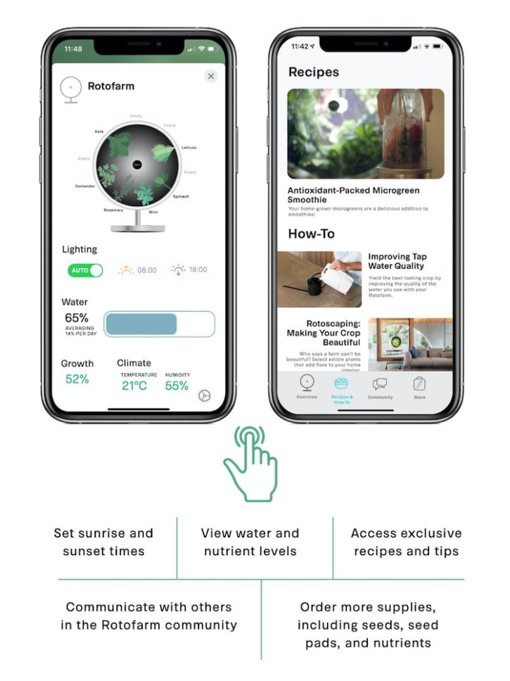 mobile app of rotafarm, the connected indoor garden inspired by nasa