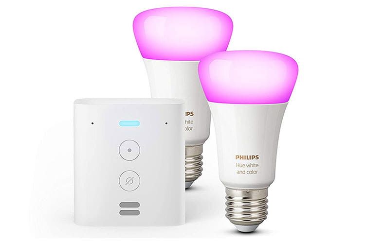 At the heart of our smart home room: the Amazon Echo Flex Bundle with two Philips Hue White & Color lamps