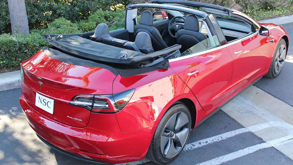 The Tesla Model 3 convertible seen from the back. © MotorTrend, Newport Convertible Engineering