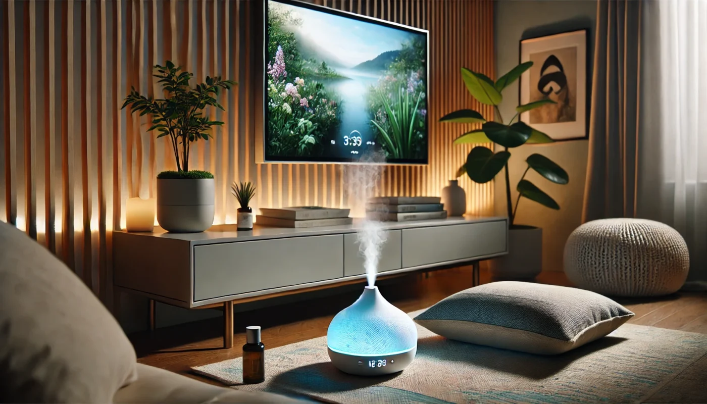 DIY living room smart wellness featuring essential oil diffuser emitting